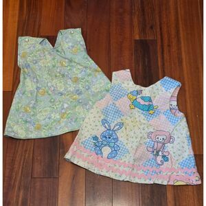 Vintage 70s 80s Infant Handmade Pinafore Dress Lot(2) Rabbit Patchwork